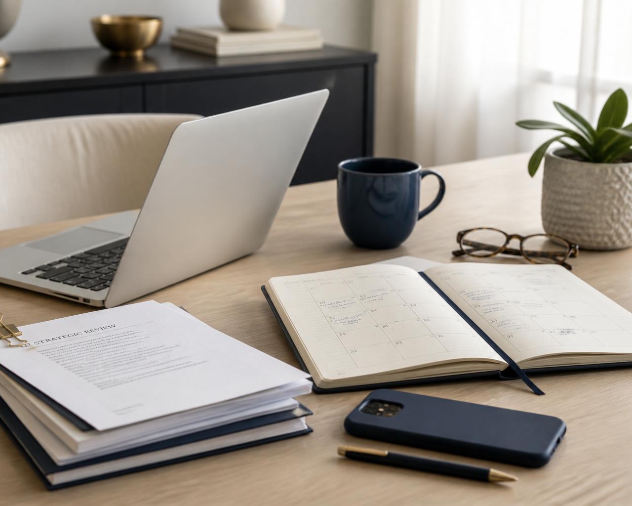 Organized business workspace with laptop, documents, planner, and phone